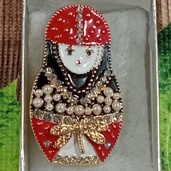 Jewelry - Lady Matryoshka Doll Style PIN Brooch Rhinestone Enamel Dragonfly Golden Pearly